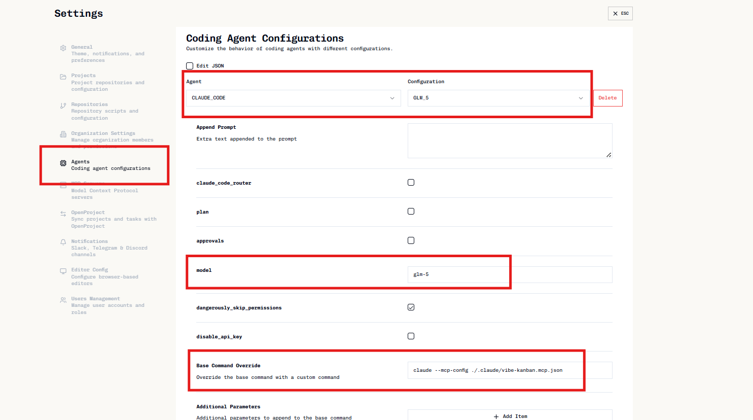 Agent configuration page with Claude Code settings