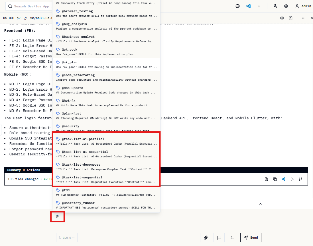 Command palette showing task list tags