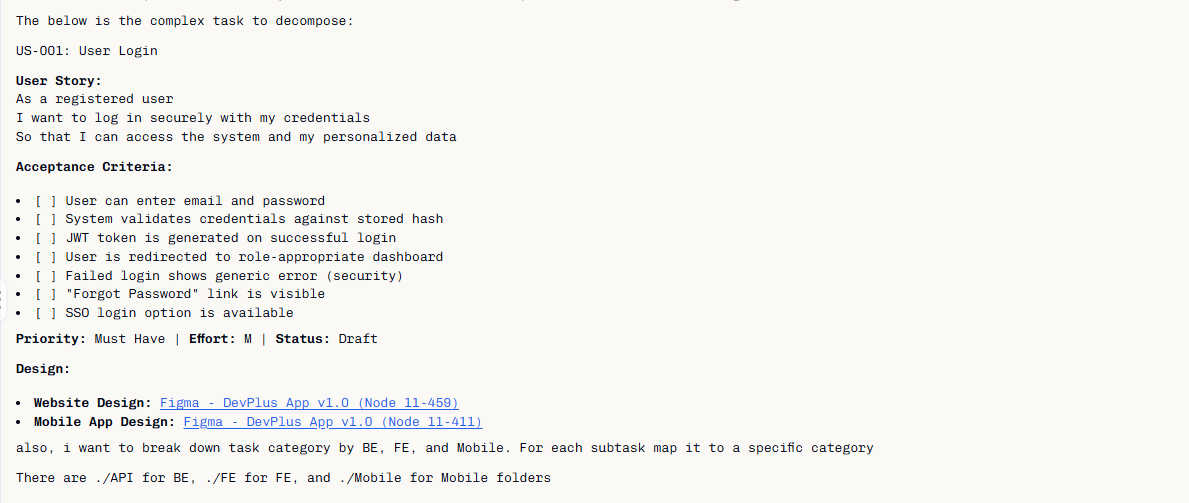 User story being decomposed into sub-tasks