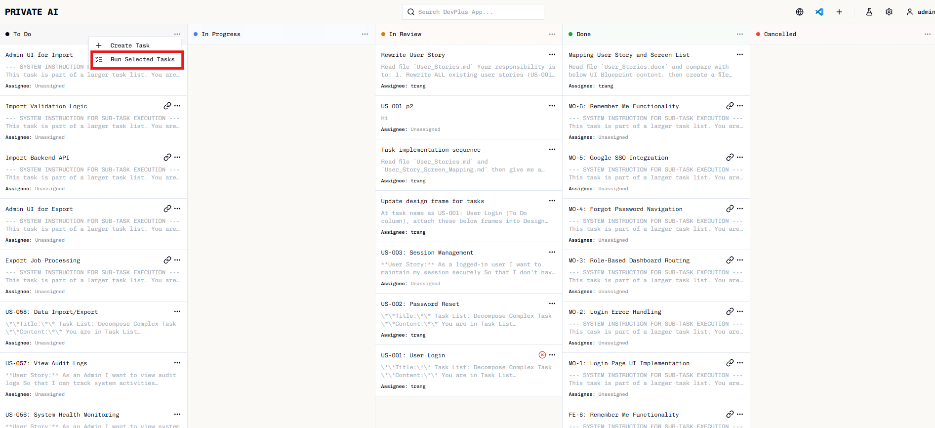 Selected tasks with Run Tasks button