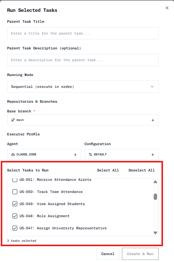 Run Tasks modal with execution mode options