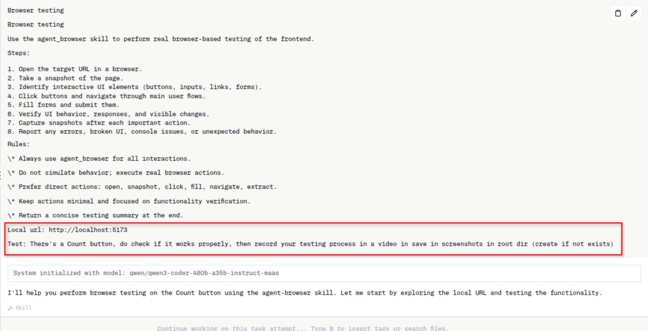 Browser testing tag prompt showing steps and rules