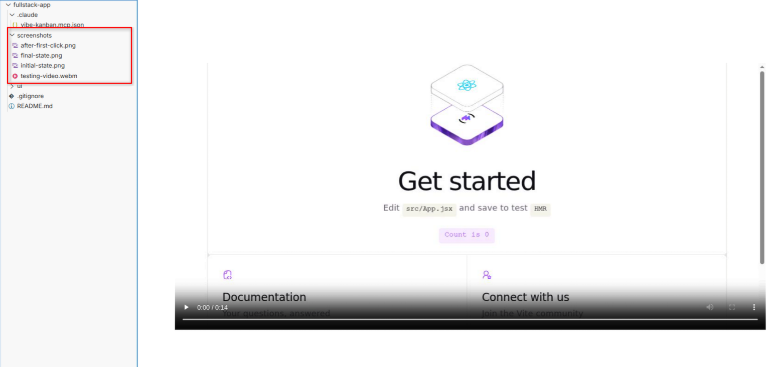 Project tree showing browser testing screenshots and video artifacts